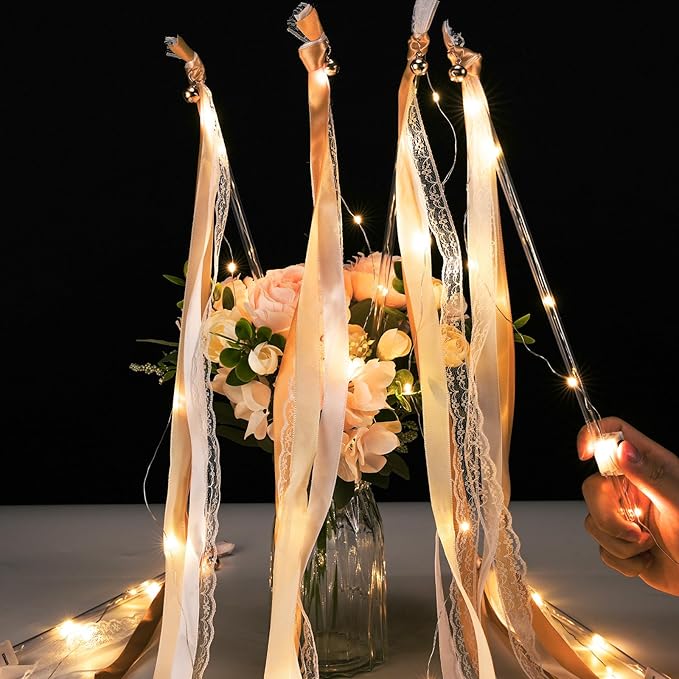 Unittype Wedding Wands Ribbon Streamers with Bells LED Fairy Light up Silk Fairy Wand Glow in the Dark Flashing Lace Stick for Wedding Birthday Party Favors (Champagne & Warm White LED,48 Pieces)