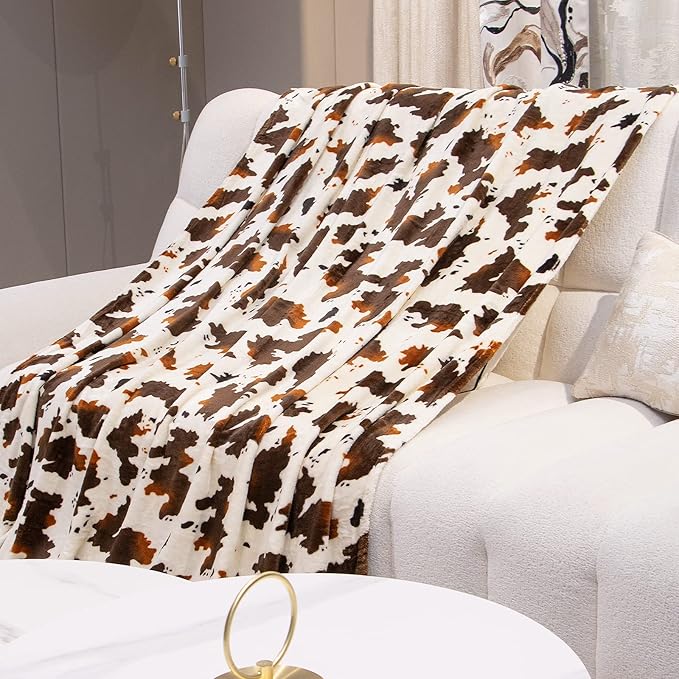 Cow Print Fleece Blanket - Brown White Plush Throw, Lightweight Bed Couch Decor, Cute Cow Gifts for Women, Girls, Teens 50"x60"