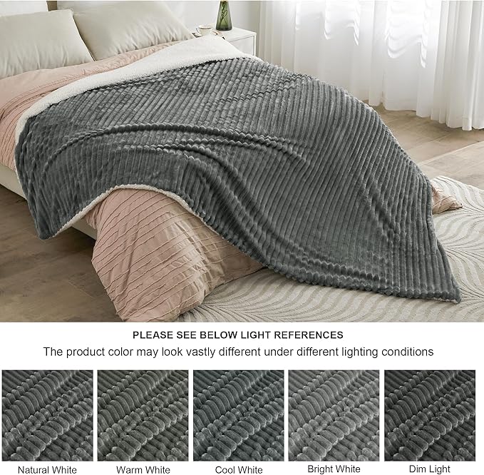 INFIIXSO Sherpa Fleece King Size Blanket - Super Soft & Warm Striped Fleece, Cozy Plush Fluffy Large Bed Blanket All Season Use (Grey, 104x90 Inches)