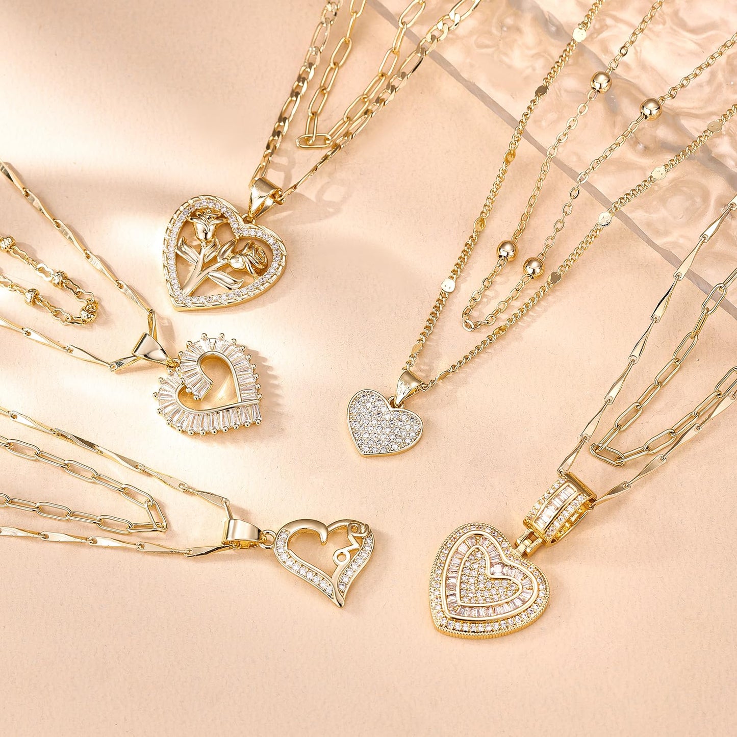 MEIITRUE Heart Necklaces for Women Trendy 14k Gold Plated Dainty Layered Necklace Set Cubic Zirconia Pendant Choker Personalized Beaded Chain Stackable Jewelry Gift