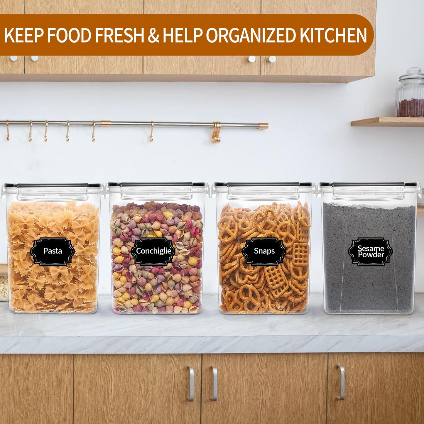 HKJ Chef 4 Pack Large Airtight Food Storage Containers with Lids (5.2L / 176oz), BPA Free Plastic Kitchen and Pantry Organization Contianers for Cereal Flour and Sugar Storage, Labels & Marker