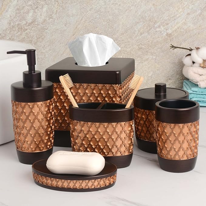 6-Piece Bathroom Accessories Set – Soap Dispenser, Toothbrush Holder, Tumbler, Soap Dish, Cotton Swab Jar & Toilet Brush – Modern Bathroom Decor Set (Wally)