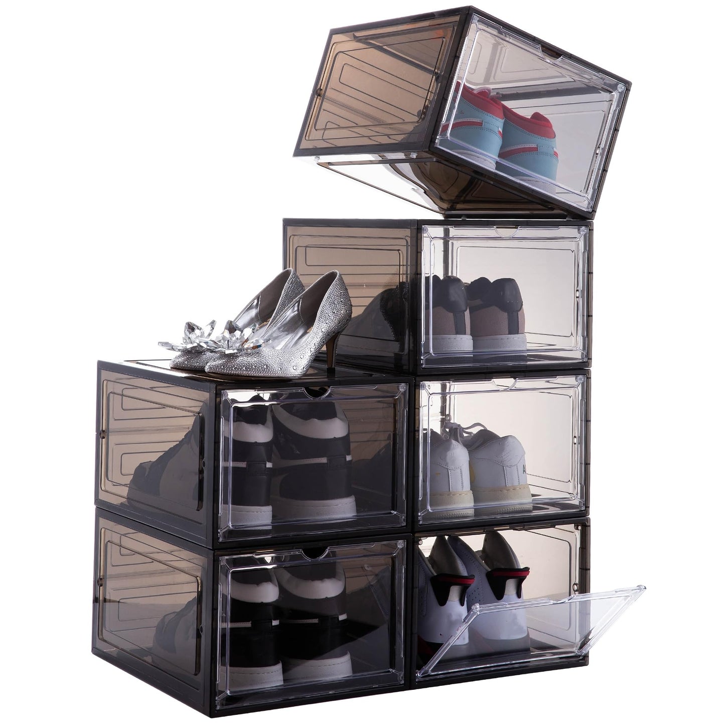 Attelite Shoe Box,Set of 6,Stackable Plastic Clear Shoe Box Organizer with Magnetic Door,Shoe Storage Box Thicken Sturdy,Easy Assembly,Fit up to US Size 12,Black