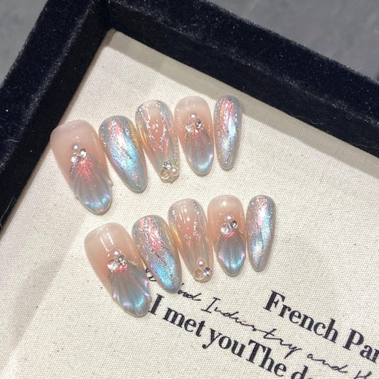 NLSJMP 3D handmade Gel nails press on false nails Almond hand-painted gentle elegant Color of the Dreamy Mermaid acrylic Reusable fake nails designed kit,10 Nails Size S #2055
