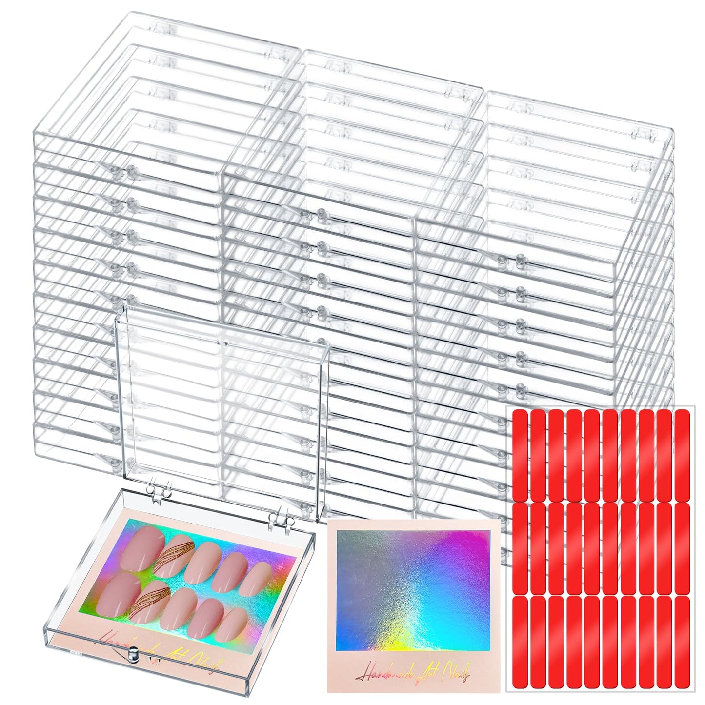 CloudTrip 30Boxes + 30 Instruction Cards Large (8 x 8cm) Press On Nail Packaging Storage Box and 90pcs Adhesive Tabs - Acrylic Organizer Case for Artificial Nail for Nail Business Supplies
