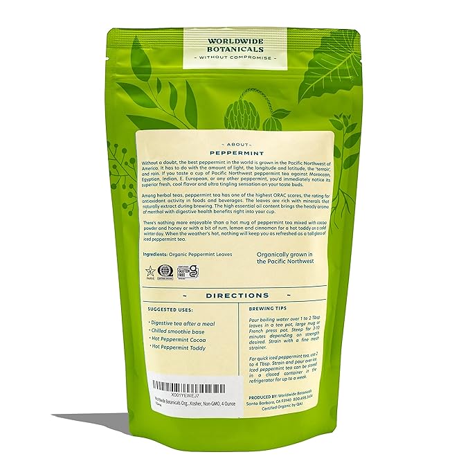 Worldwide Botanicals Organic Peppermint Loose Leaf Tea, 4 oz - Pacific Northwest Organic Cultivation, Highly Aromatic Digestive Tea, Antioxidant, Caffeine Free