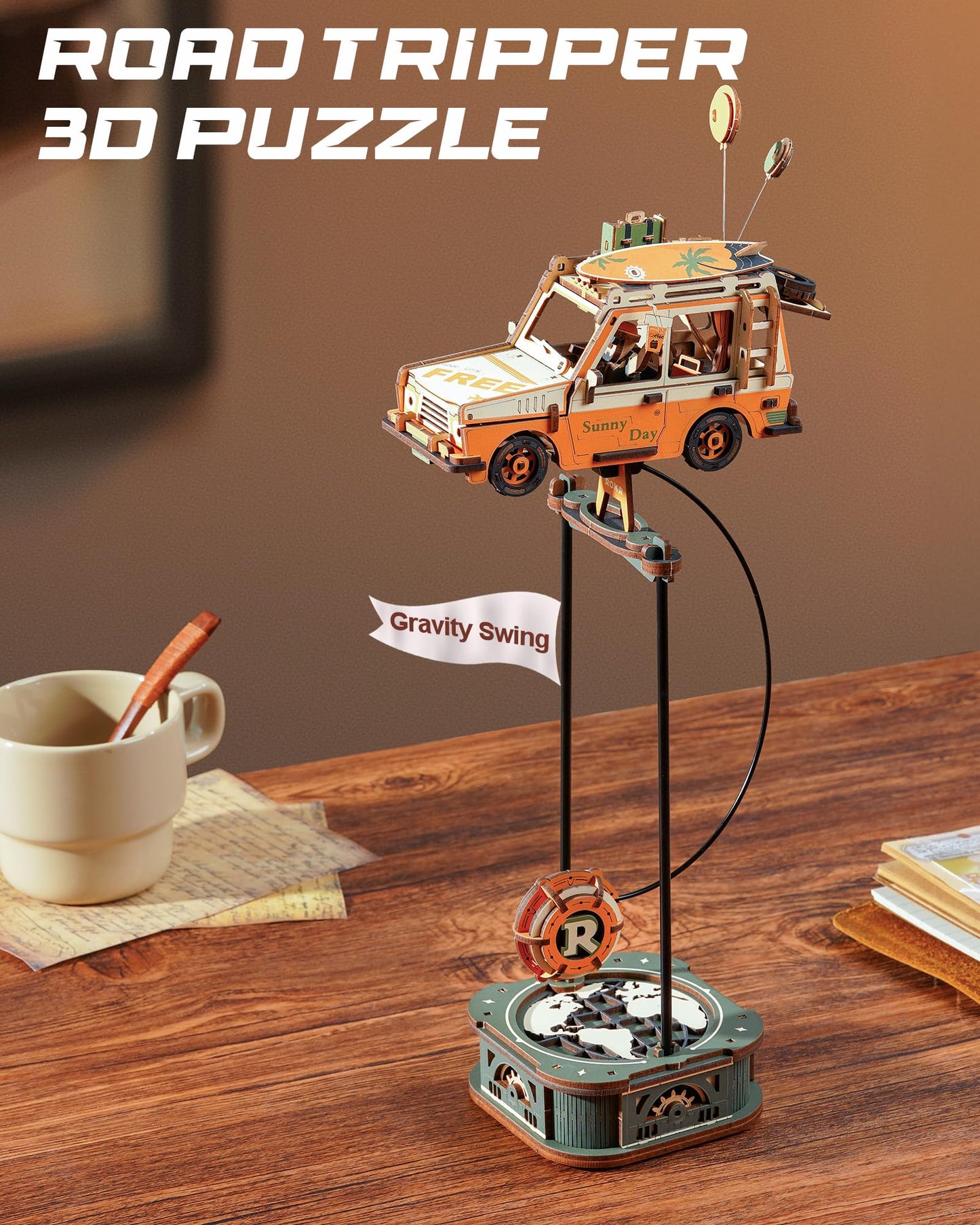 ROKR Pendulum Balance Toy, 3D Wooden Puzzles for Adults, Retro Road Tripper Car, DIY Craft Wood Puzzle Kit, Unique Gift for Men Women