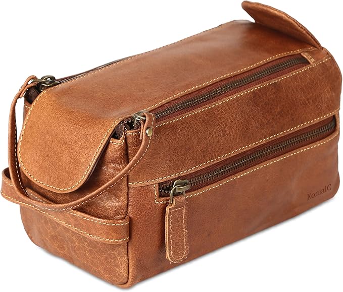 KomalC Premium Buffalo Leather Toiletry Bag for Men & Women – Leather Dopp Kit With Water resistant Lining, Premium Toiletry Travel Pouch, Unisex Wash Bag for Toiletries, Gifts for Men and Women