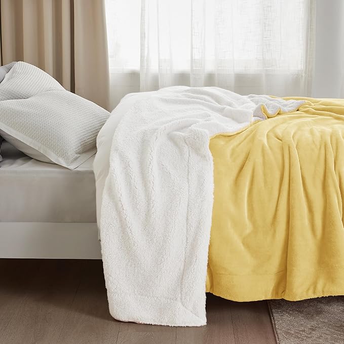 Bedsure GentleSoft Sherpa Fleece Blankets Queen Size for Bed - Thick and Warm, Soft Fuzzy Plush Queen Blanket for Winter, Yellow, 90x90 Inches