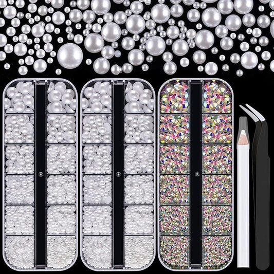 4000PCS Flatback Rhinestones and Half Round Pearls Kit #40, Multi Size Glass AB Crystals, Plastic Flat Back White Dome Bead with Pickup Pencil and Tweezer for Nail Art