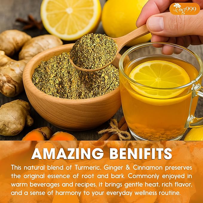 TOG999, Premium 15oz Ginger Turmeric Cinnamon Loose Leaf Herbal Tea - Premium Quality Spiced Herbal Blend – Caffeine-Free, Non-GMO, Natural Dried Roots and Bark. Vegan-Friendly.