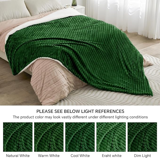 INFIIXSO Sherpa Fleece Queen Size Blanket - Super Soft & Warm Striped Fleece, Cozy Plush Fluffy Large Bed Blanket All Season Use (Dark Green, 90x90 Inches)