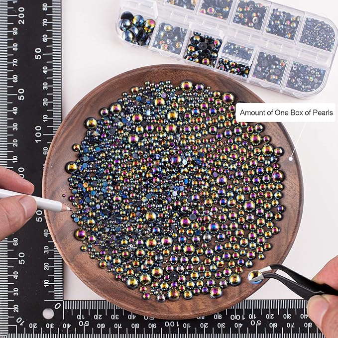 4000PCS Flatback Rhinestones and Half Round Pearls Kit #35, Multi Size Glass AB Crystals, Plastic Flat Back Black AB Dome Bead with Pickup Pencil and Tweezer for Nail Art