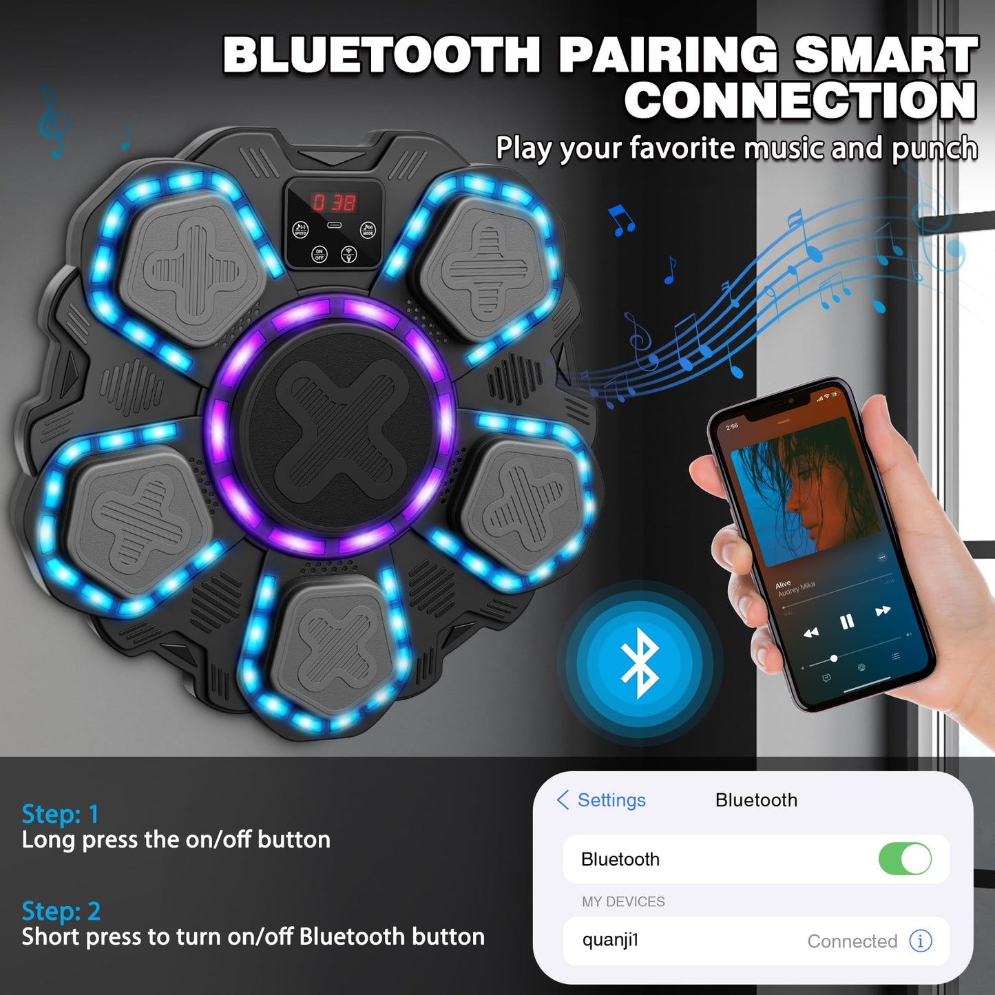 Music Boxing Machine with Force Measuring, Wall Mounted Bluetooth Punching Boxing Pad with Boxing Gloves,Home Gym Boxing Equipment Stress Relief, Sport Toys Gifts for Kids Adult Men Boy Girl, Age14-99