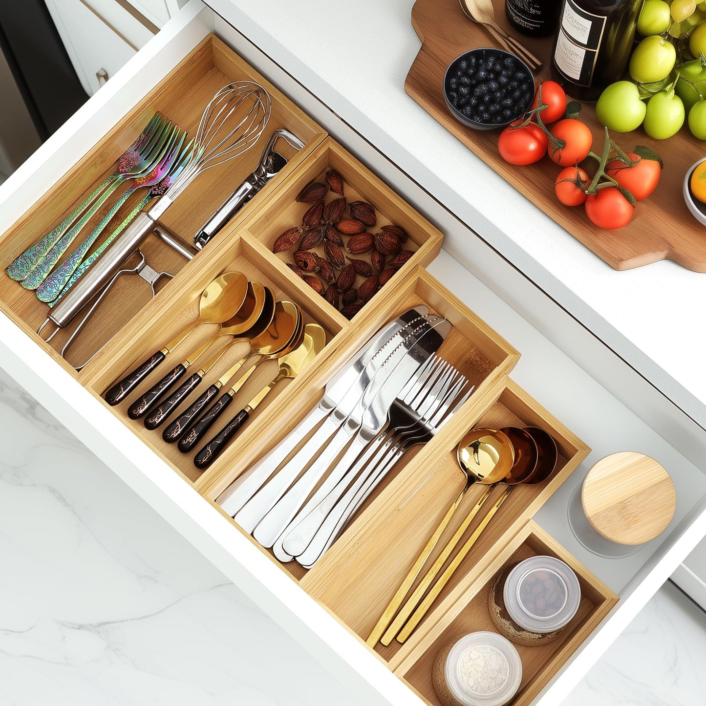 Bamboo Drawer Organizer Set, 5 PCS Multi-Use Individual Wood Storage Organizers, Junk Drawer Divider and Storage Trays Containers for Kitchen, Bathroom, Office Desk, Makeup, Jewelry, Utensils
