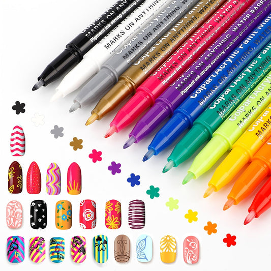 Nail Art Pens Set - 12 Colors Nail Art Markers Nail Polish Set & Acrylic Paint Markers for Drawing, Dotting, and Lining. Your Complete DIY Manicure Kit for Home Salon Nail Designs Christmas Gifts