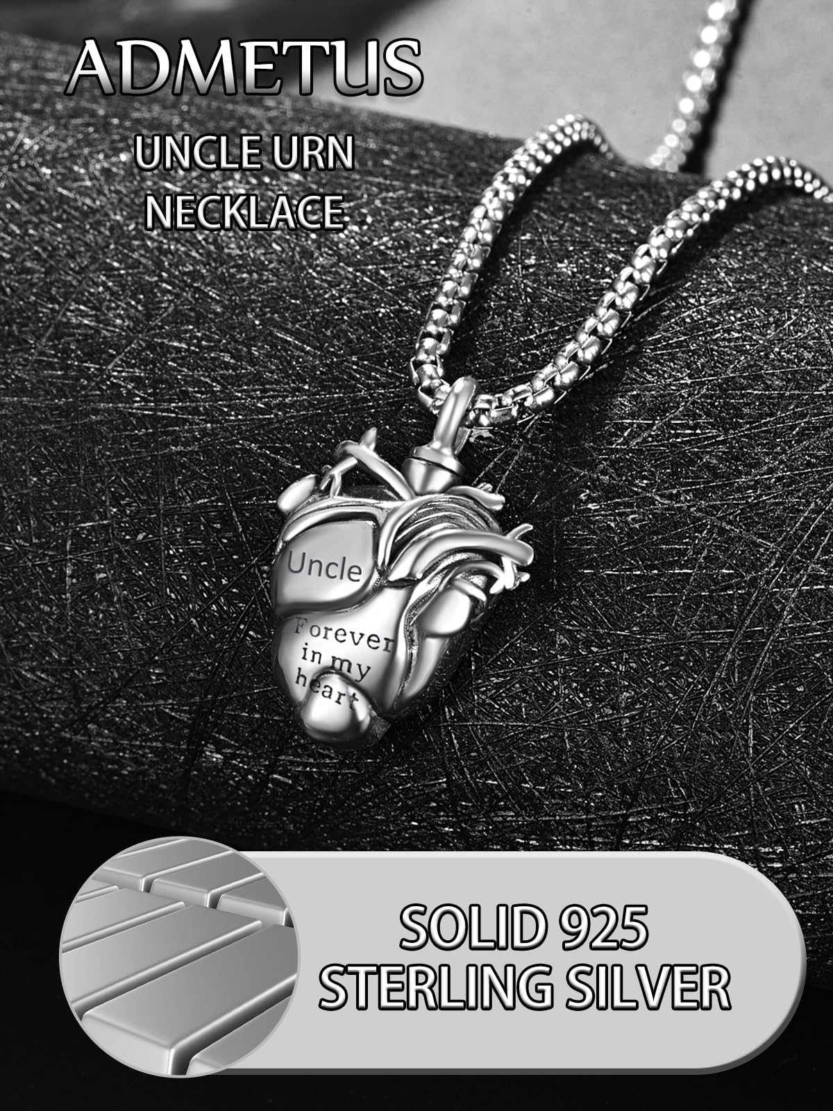 Anatomical Heart Urn Necklaces for Ashes Sterling Silver Ash Pendants Cremation Jewelry Uncle Keepsake Pendant Memorial Jewelry Gifts for Loss of Uncle