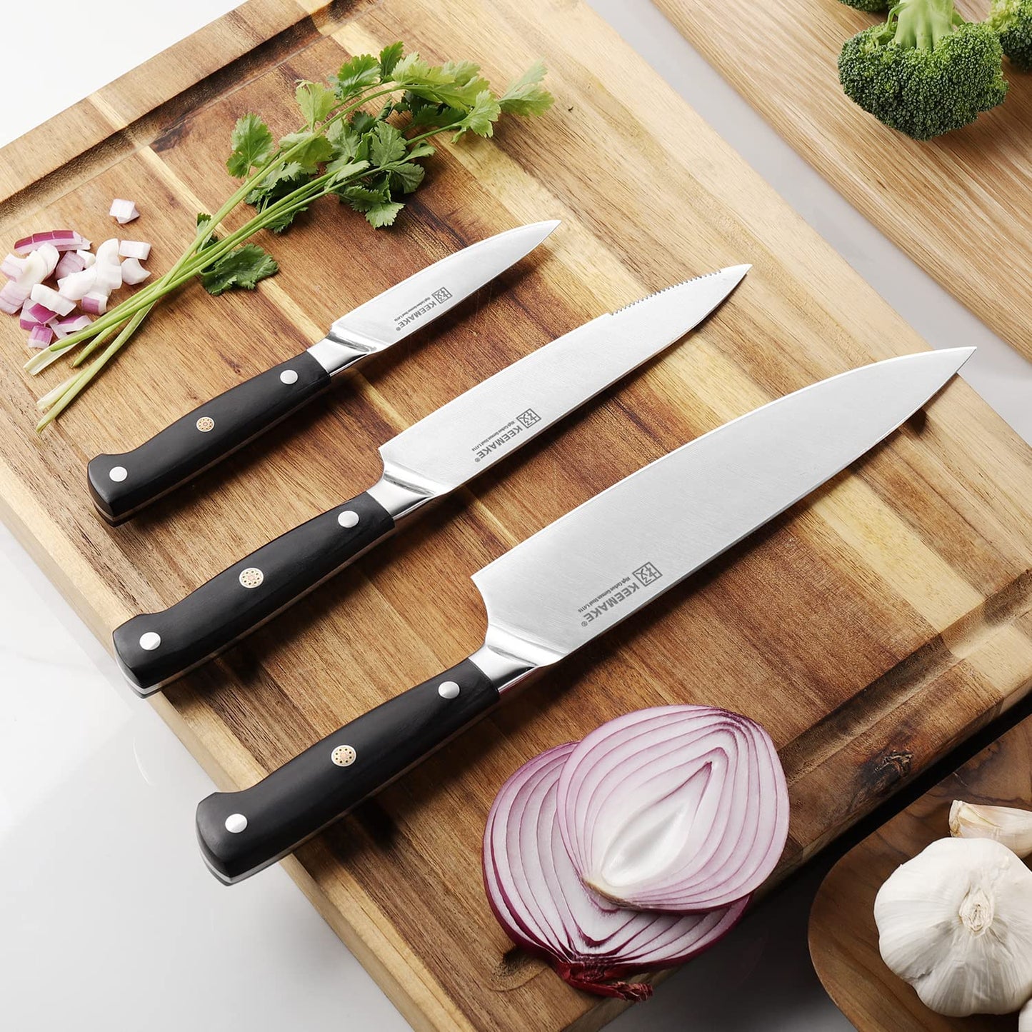 KEEMAKE Kitchen Knife Set, 3PCS Sharp High Carbon Stainless Steel Knives Set for Kitchen with Ergonomic Handle, Chef Knife set Professional Carving Knife Set for Meat Vegetable Fruit