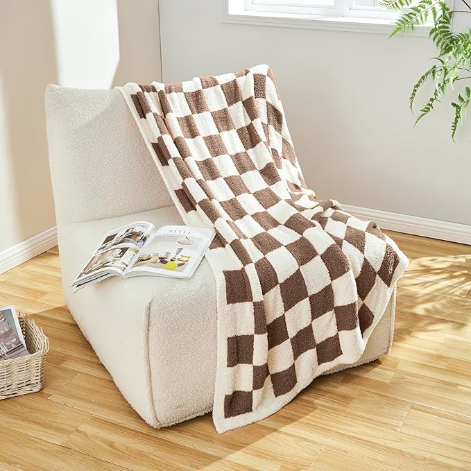 CozeCube Checkered Blanket, Ultra Soft Cozy Dark Brown and White Throw Blanket, Warm Cozy Knit Fuzzy Plush Checkerboard Throw for Couch Bed Sofa, 60"x80"