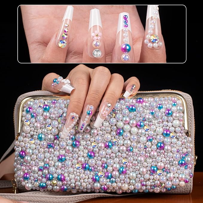 4000PCS Flatback Rhinestones and Half Round Pearls Kit #37, Multi Size Glass AB Crystals, Plastic Flat Back Blue Mermaid Dome Bead with Pickup Pencil and Tweezer for Nail Art
