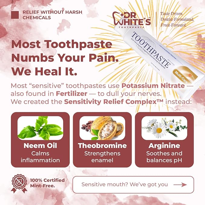 Dr. White’s Fluoride-Free nHA Toothpaste; Dentist-Formulated, Nano Hydroxyapatite + Xylitol, Sensitivity Relief Complex™, Mint-Free, Enamel Safe, Swallow-Safe (3.5 Oz, Cherry Bloom)