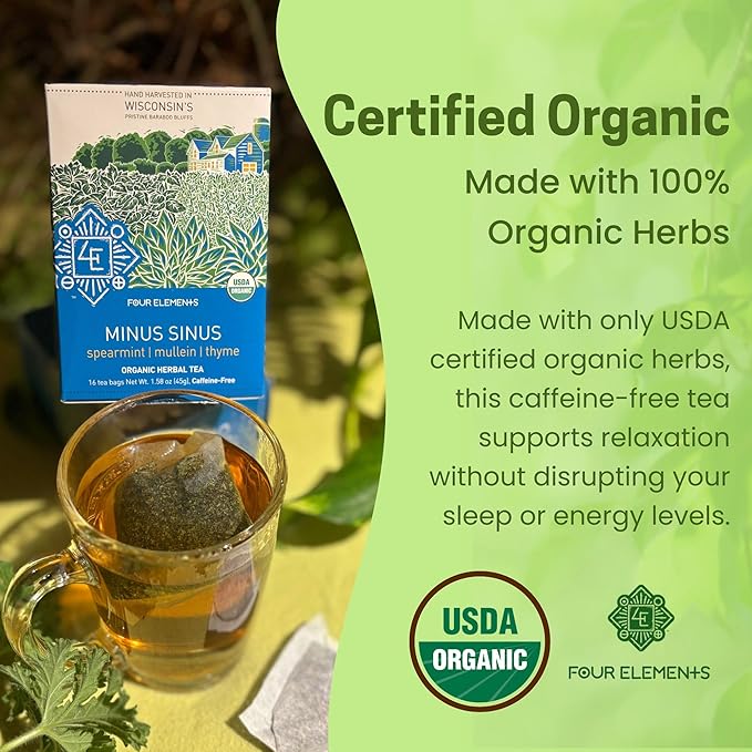 Four Elements Minus Sinus Tea [16 Teabags, 1.2 oz] | Organic Spearmint Tea with Mullein & Thyme | Caffeine Free Herbal Blend with Refreshing Aroma & Comforting Flavor | Enjoy Hot or Iced Latte