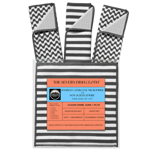 Severn Dish Cloths for Washing Dishes 4pk. Odor-Resistant Dish Rags with Non-Scratch Wire Scrubber Side for Kitchen Cleaning. Grime-Fighting Bamboo-Charcoal Microfiber 2-Sided Dishrags. Machine Wash
