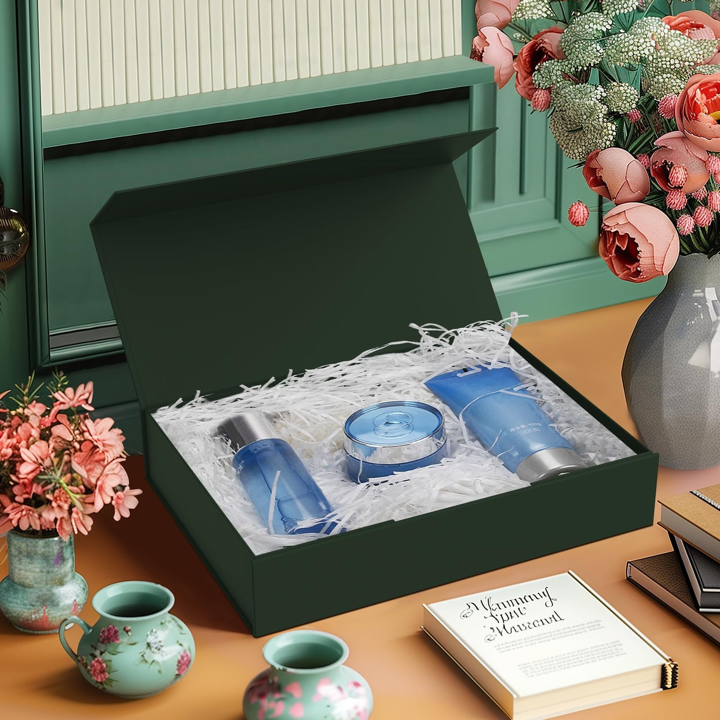 Gift Box with Lids, 11.5 x 8.5 x 2.3 In Magnetic Closure Collapsible Gift Boxes for wraps gifts of T-Shirts, Gloves, Scarves, Candy, Baby Clothes, Jewelry, Books, Comes with a Ribbon(Forest green)