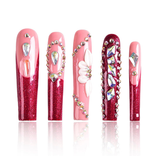 Tmani 10pc/set Extra Long Handmade Press On Nail Hot Girl's Long Ballet Nails Square Nail Full of Diamond Glitter Decoration Fake Nails Suitable For Girls Festival Parties and Birthday Gift (241,L)