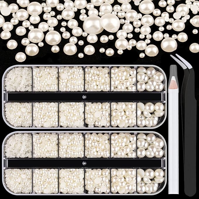 Belleboost Flat Back Pearls Kits 2 Boxes of Flatback Beige Half Round Pearls with Pickup Pencil and Tweezer for Home DIY and Professional Nail Art, Face Makeup and Craft