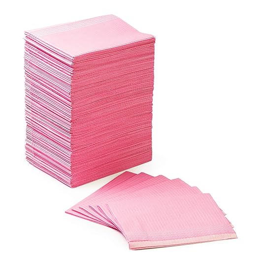 JMU 125 Pack Dental Bibs, Pink Dental Bibs Disposable 3-Ply, 13" x 18" Patient Bibs Medical Tray Covers