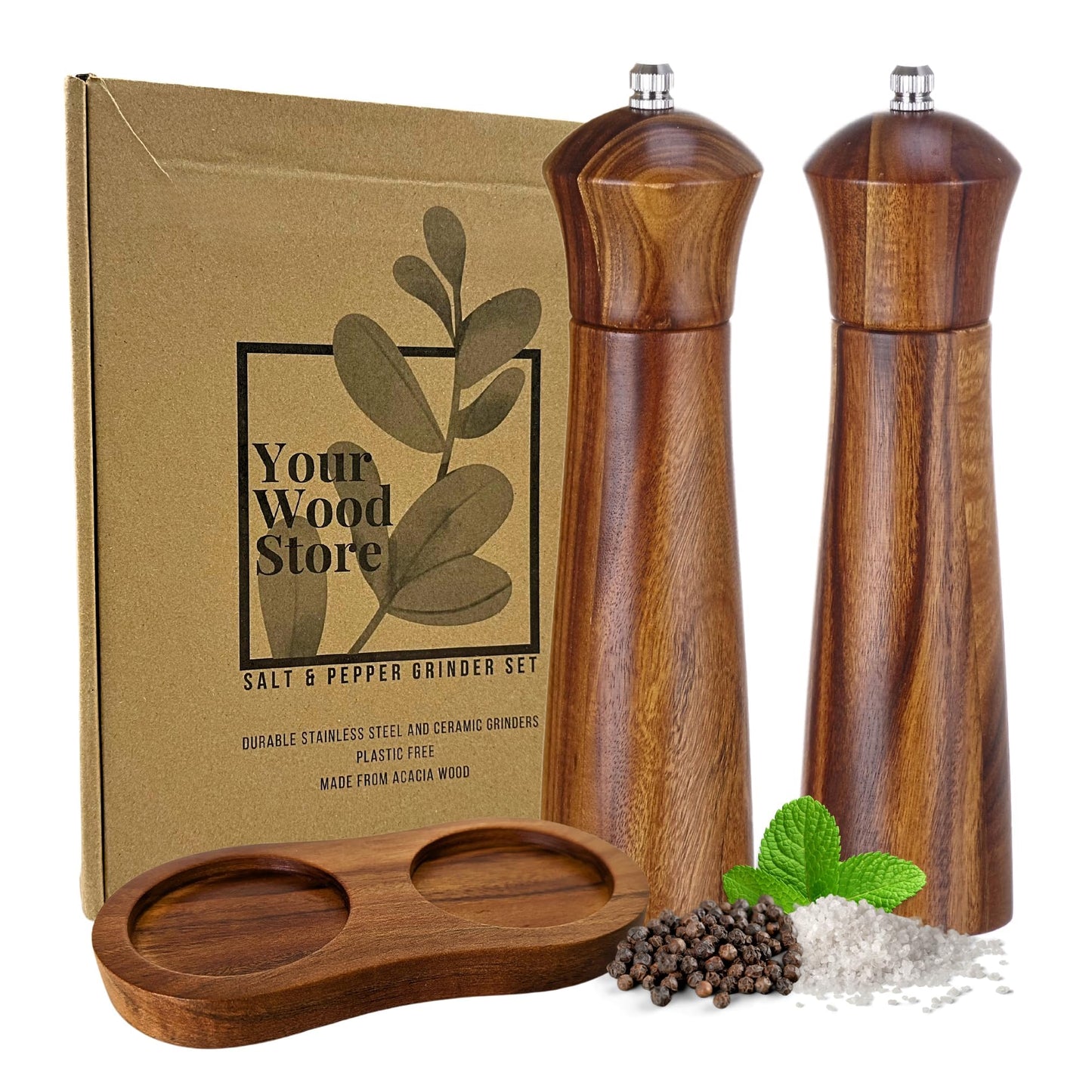 Wooden Salt and Pepper Grinders Set Mill with Tray, Premium Acacia Wood, 100% Plastic Free, Adjustable Coarseness with Stainless Steel and Ceramic Core, Great Gift, 8” Set of 2