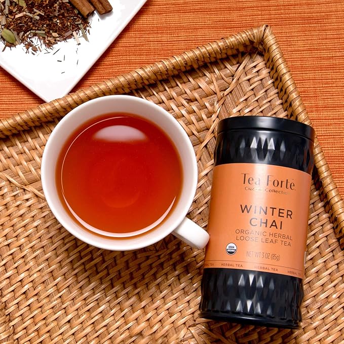 Tea Forte Winter Chai Premium Loose Leaf Caffeine-Free Herbal Tea Blend Canister, Makes 35-50 Cups, Round Canister