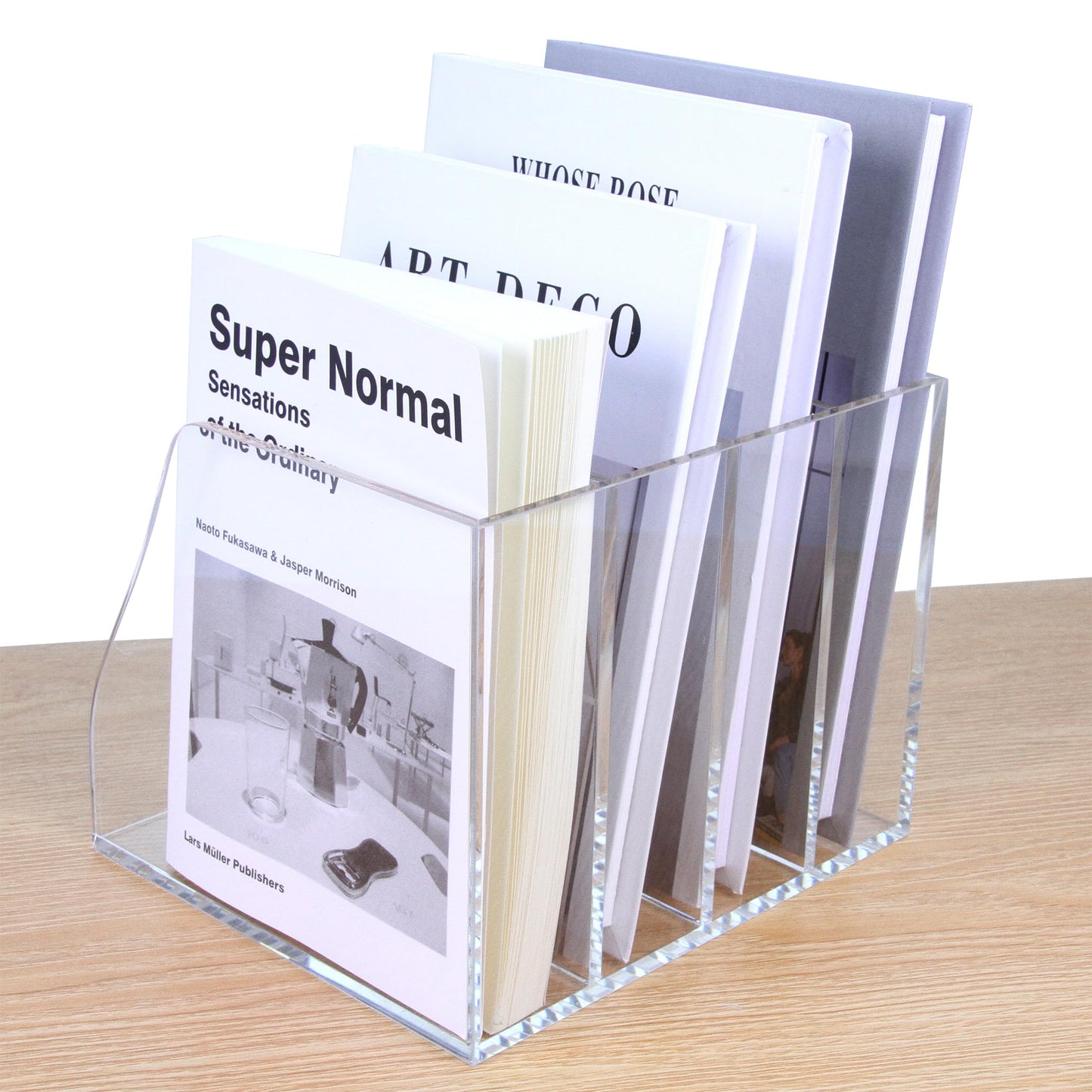 AIMOLLY Acrylic Magazine File Holder, 4 Vertical Compartments Desk Document Sorter Organizer, Clear Folder Rack Binder for Office/Home/Classroom, for Documents, Tablet, Magazines, Books & Accessories