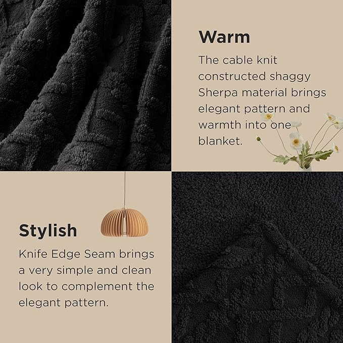 Bedsure Sherpa Fleece Throw Blanket for Couch - GentleSoft Fluffy & Cozy Cable Jacquard Tufted Throw for Women Gift, Thick and Warm Blankets for Winter, Black, 50x60 Inches