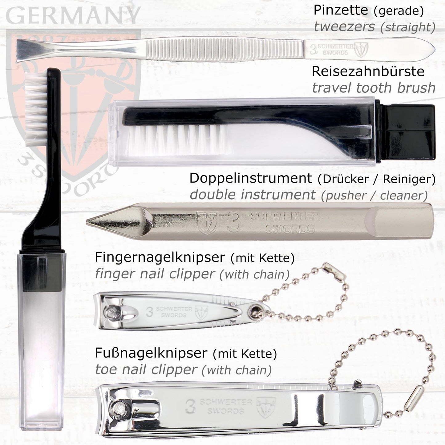 3 Swords Germany - brand quality 10 piece manicure pedicure grooming kit set for professional finger & toe nail care tweezers file clipper fashion leather case in gift box, Made by 3 Swords (02570 )