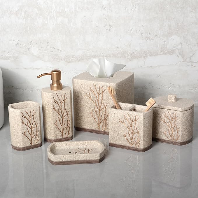 Decozen Bathroom Accessories Set – Soap Dispenser, Toothbrush Holder, Tumbler, Soap Dish, Cotton Swab Jar & Toilet Brush – Modern Bathroom Decor Set 6-Pcs (Kent)