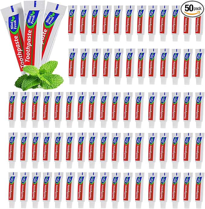 50 Tubes Extra Small Travel Size Toothpast Bulk,Mini 0.176 oz/5 Grams Small Disposable Toothpaste Mint Single Use Mini Bulk Toothpaste Travel Size for Hotel,Camping,Homeless,Charity,Guests