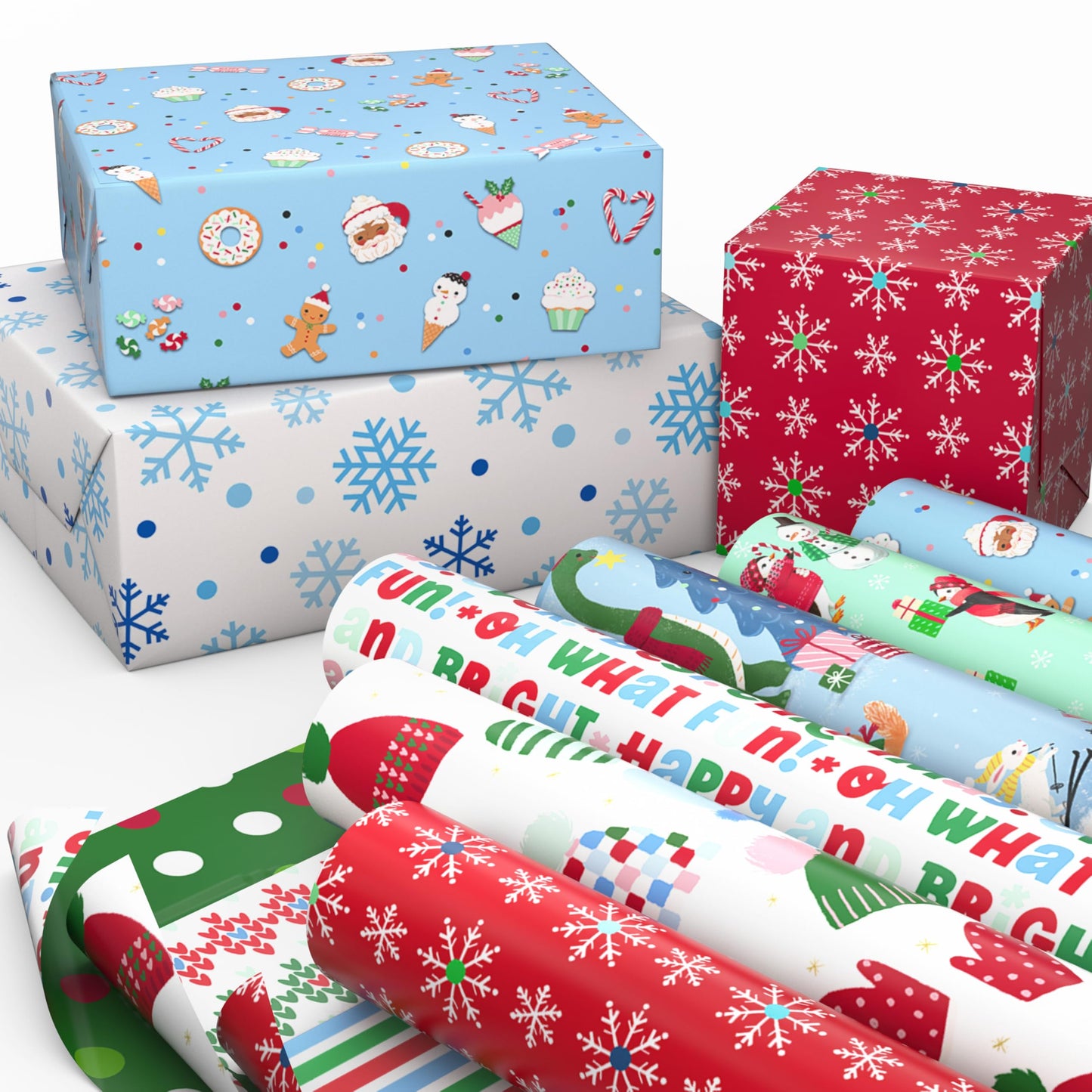 Hallmark Reversible Christmas Wrapping Paper Rolls for Kids (6 Rolls: 150 Sq. Ft. Total) Cookies, Donuts, Mittens, Penguins, Dinosaurs