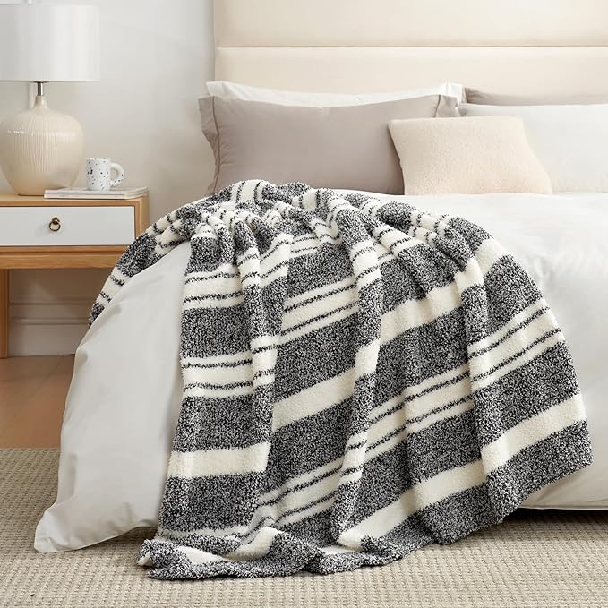 Snuggle Sac Queen Size Bed Blanket Stripe Black, Super Soft Warm Bedding Blankets Cozy Knit Fuzzy Plush Blankets for Bed, Living Room, Stripe Black, Queen 90"x90"