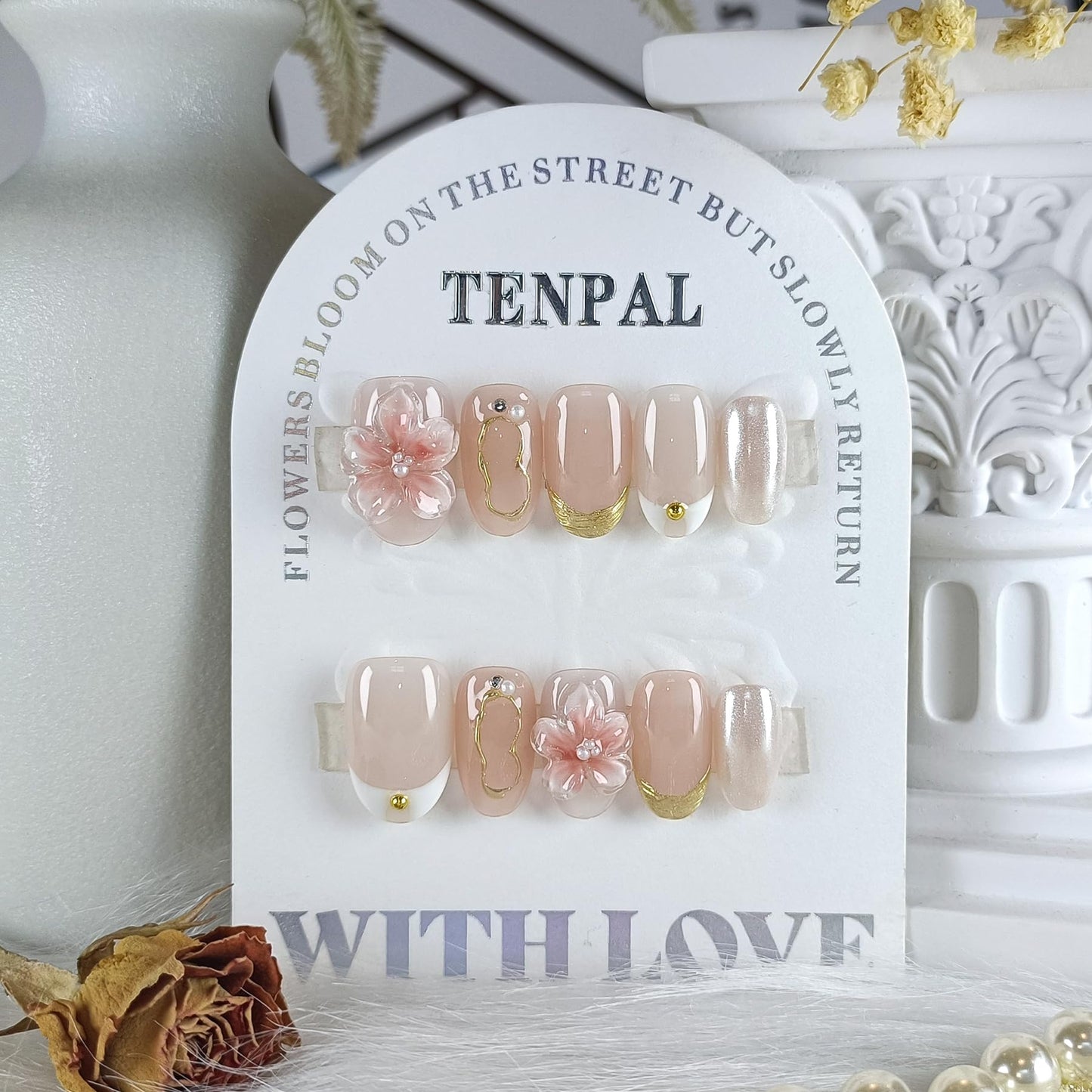 TENPAL Handmade Press on Nails Short Oval Shape,Frosted French 3D Floral Nails with Iridescent Accents,Nude Pink False Nails Kit 10pcs,Ethereal Elegant Designs Fake Nails for Daily(M)