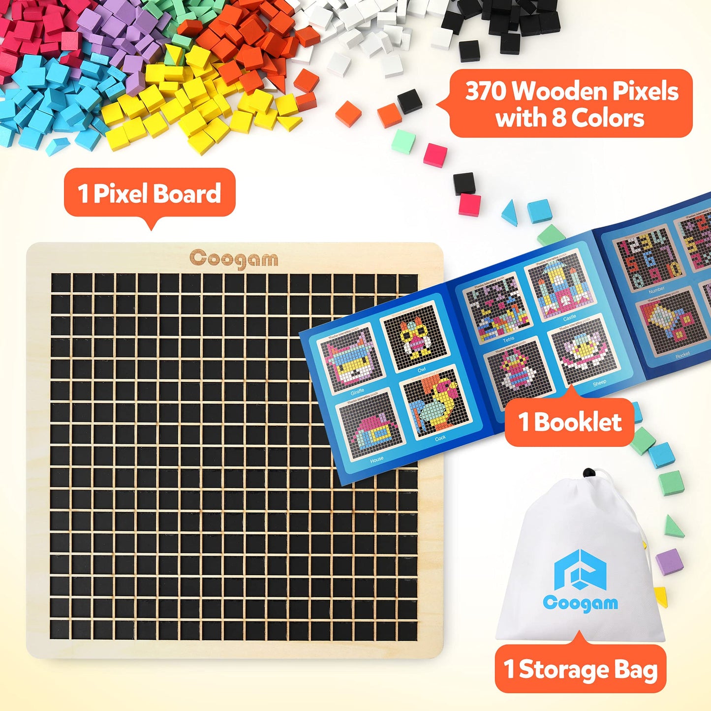 Coogam Wooden Mosaic Puzzle, 370PCS Shape Pattern Blocks with 8 Colors, Pixel Board Game Montessori STEM Toys Gift for Kids Toddlers Boys Girls Ages 4 5 6 7 Years Old