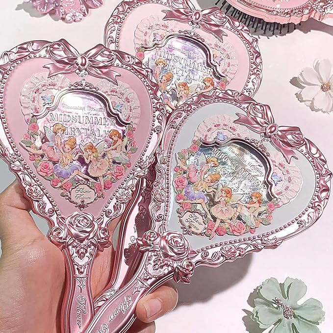 Flower Knows Midsummer Fairytales Hand Mirror,Vintage Heart Handheld Mirror,Fancy & Pretty Princess Handheld Mirror with Long Handle,Gift for Girls & Women(Milky Pink)