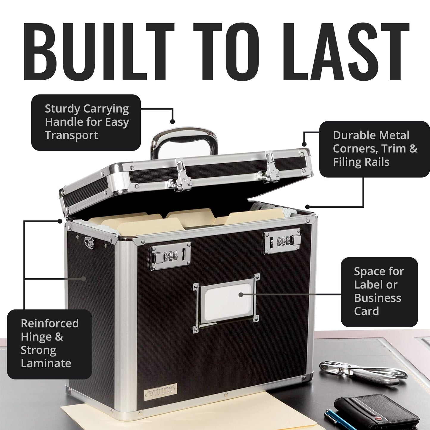 Vaultz File Organizer Storage Box - 14 x 7 x 12.19 Inch Letter Size, Portable Locking Storage Totes with Dual Combination Locks for Filing Office Documents - Black