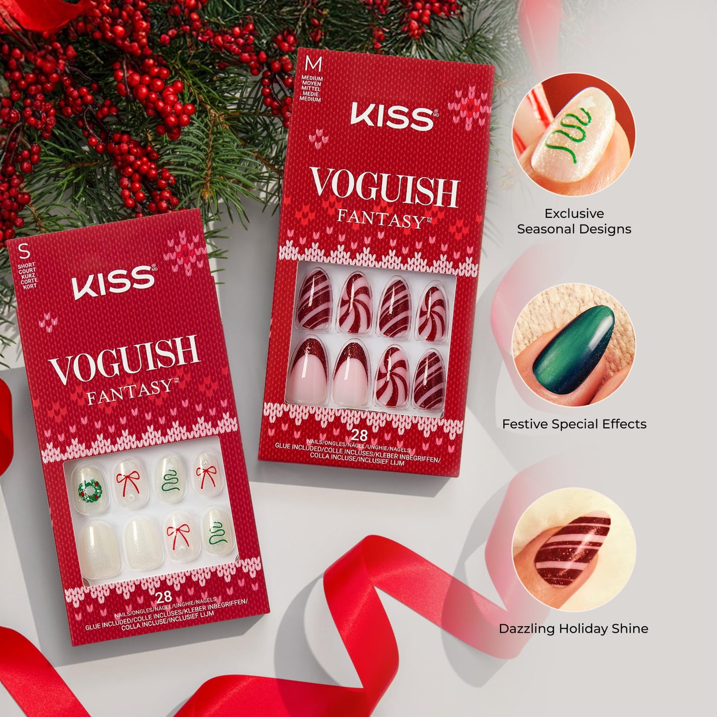 KISS Voguish Fantasy Holiday Press On Nails Almond, ‘Sleigh All’, Nude, Medium Length, No Damage To Natural Nails, Pink Gel Nail Glue (2g), Mini Nail File, Manicure Stick, & 28 Fake Nails