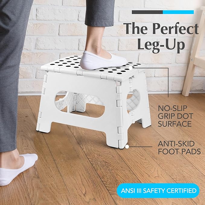 Handy Laundry Folding Lightweight Step Stool - Sturdy Enough to Support Adults and Safe Enough for Kids - Opens Easy with One Flip - Great for Kitchen, Bathroom or Bedroom (White - 8 Inch)