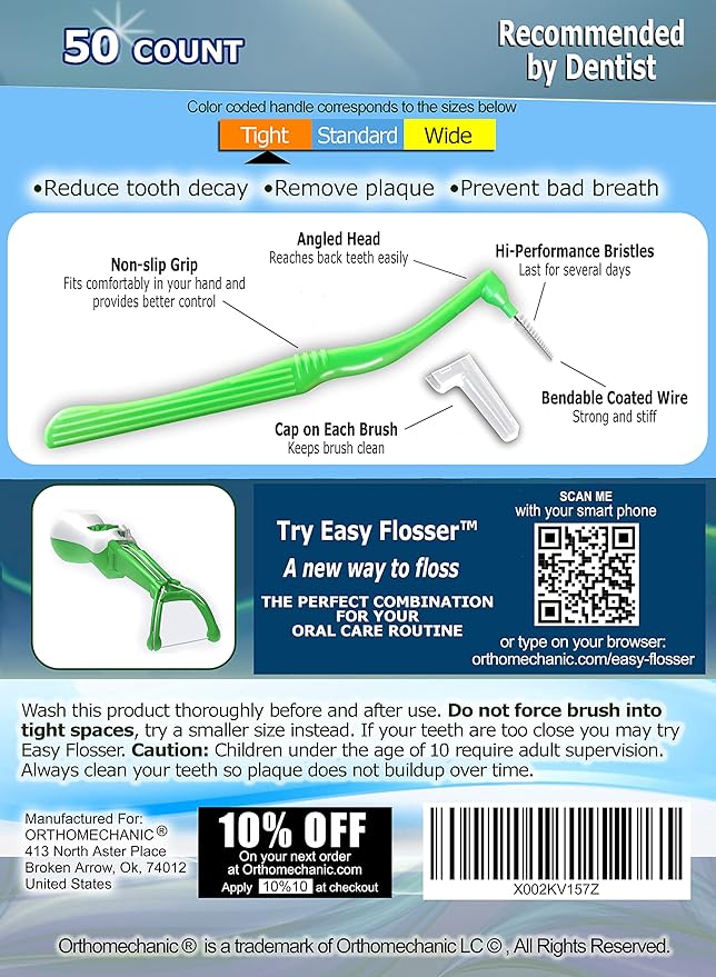 Interdental Brush Angle Cleaners - Jumbo Pack (50 Brushes) (Tight) - Remove Plaque - Toothpick