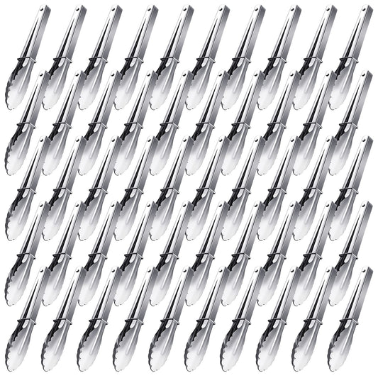 Meanplan 50 Pcs Small Stainless Steel Kitchen Tongs 7 Inch Food Serving Tongs Metal Cooking Clips High Heat Resistant Clips with Sliding Rings for Buffet Food Cooking Salad Grilling, Silver