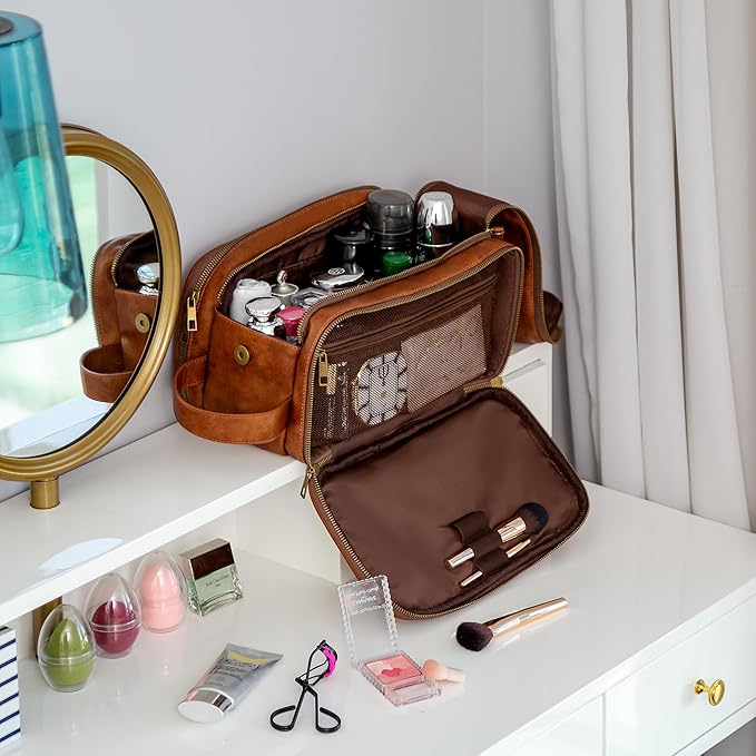 Elviros Toiletry Bag for Men, Large Travel Shaving Dopp Kit Water-resistant Bathroom Toiletries Organizer PU Leather Cosmetic Bags Fathers Day Gift (Medium, Brown)