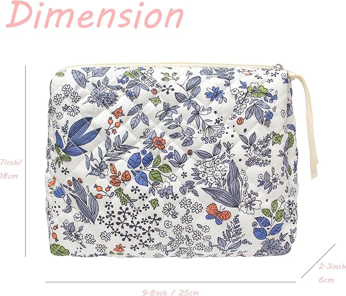 PAZIMIIK Quilted Makeup Bag Large Travel Zipper Soft Cosmetic Pouch for Women Girls Make Up,Leaf White